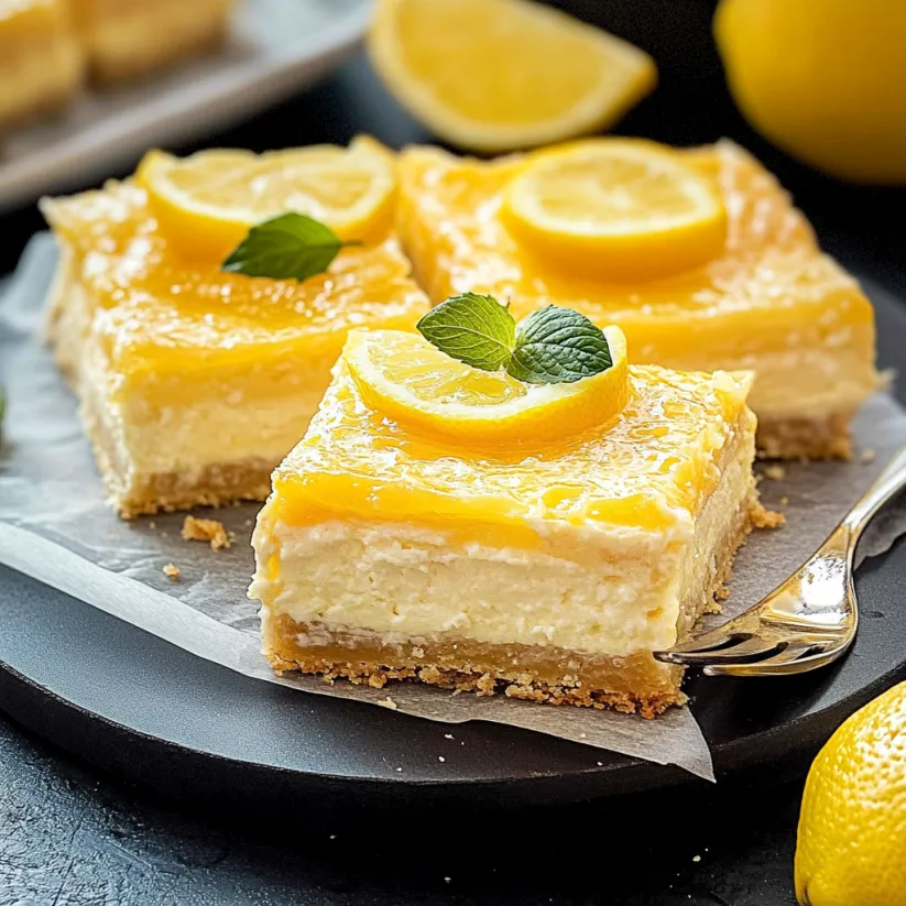 A slice of lemon cheesecake bar with a lemon wedge on top.