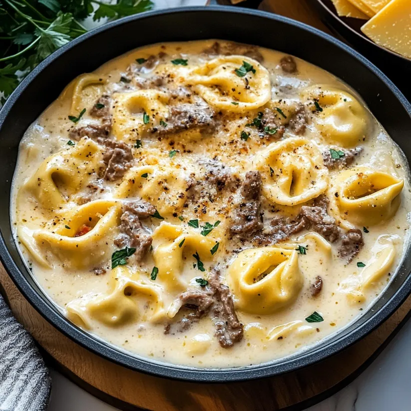 A delicious cheesesteak tortellini in creamy provolone sauce.