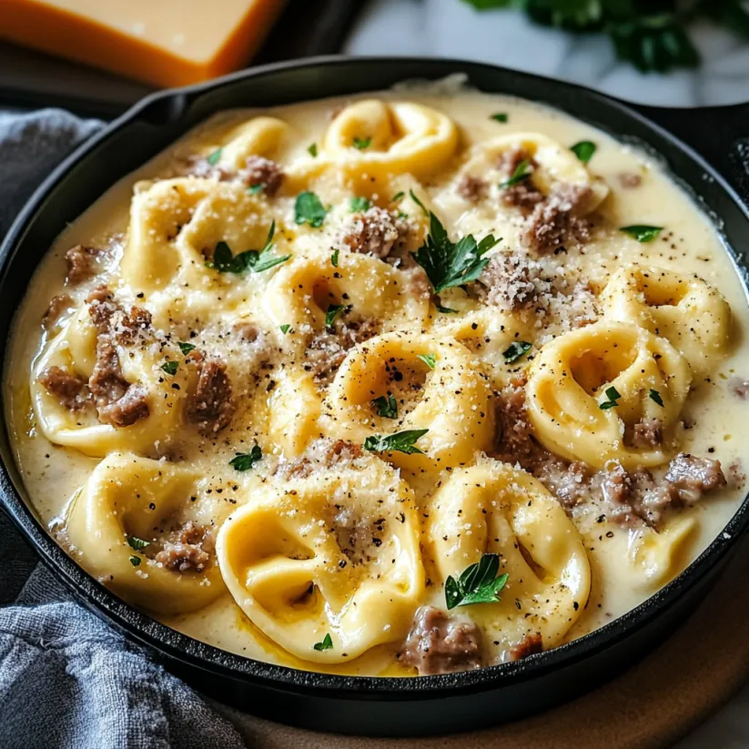 A dish of cheesesteak tortellini in creamy provolone sauce.