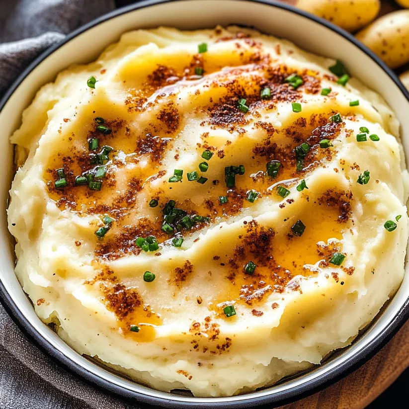 A bowl of mashed potatoes with green herbs on top.