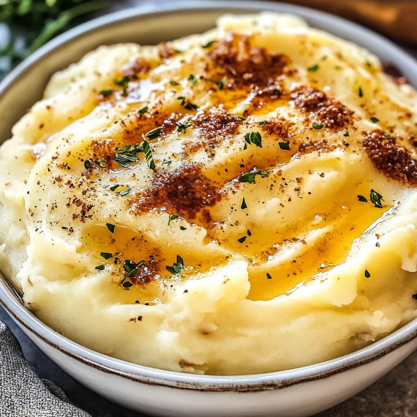 A bowl of mashed potatoes with brown butter.