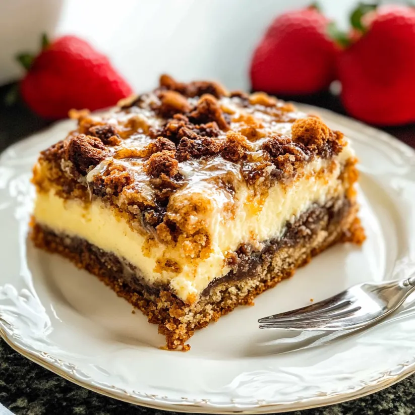 A slice of sour cream coffee cake on a plate.