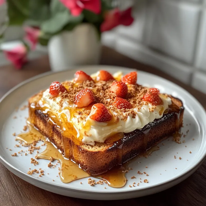 A plate of toast with strawberries and whipped cream.