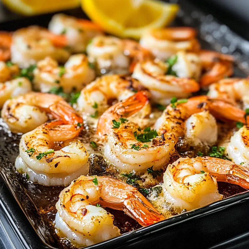 A pan of shrimp with lemon wedges on top.