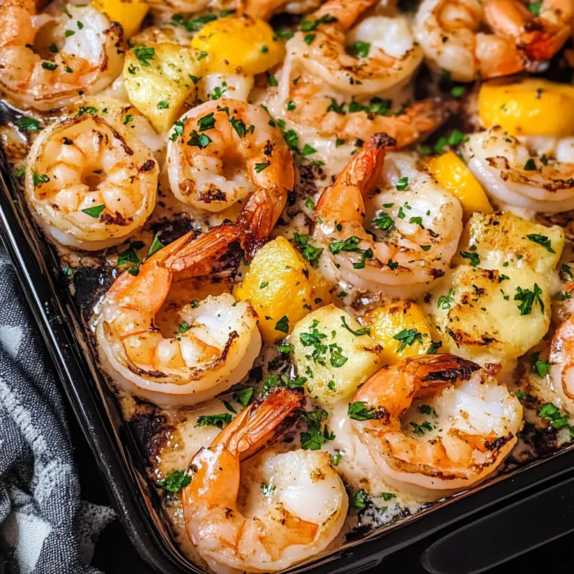 A dish of shrimp with vegetables in a pan.