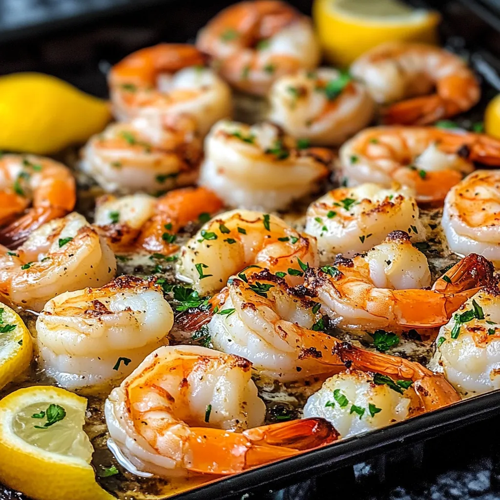A pan of shrimp with lemon wedges on top.