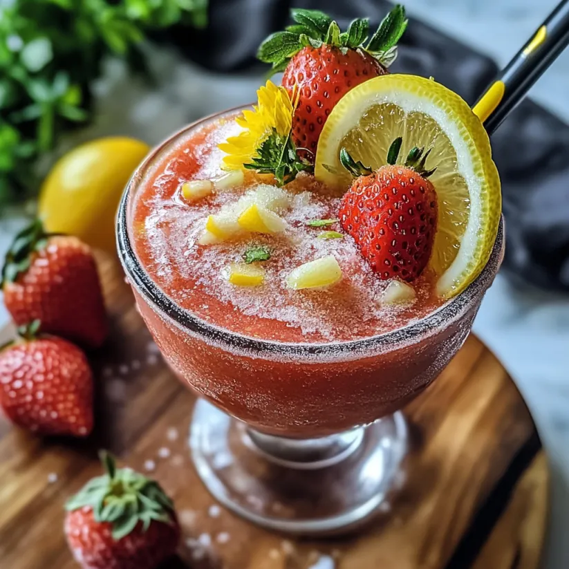 A glass of frozen strawberry lemonade with a slice of lemon and a strawberry on top.