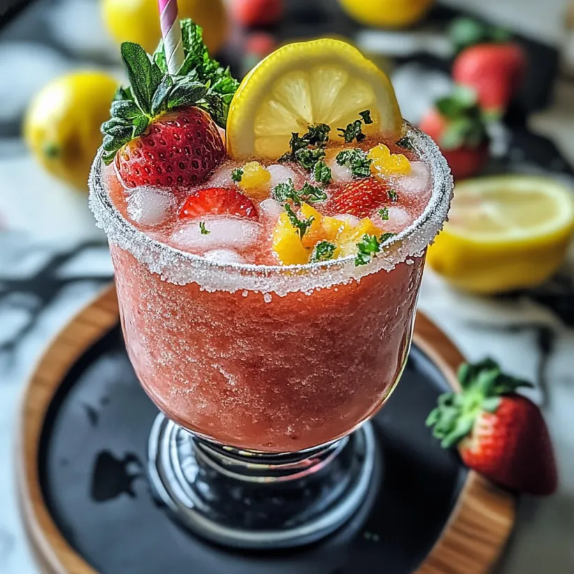A glass of frozen strawberry lemonade with a lemon wedge on top.