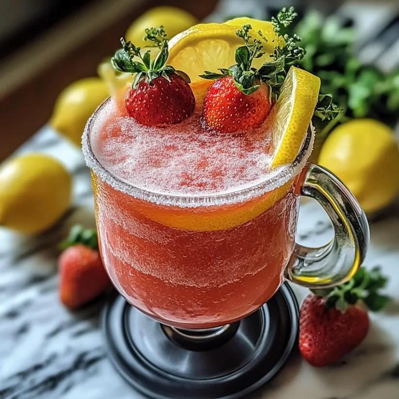 A glass of frozen strawberry lemonade with lemon slices on top.