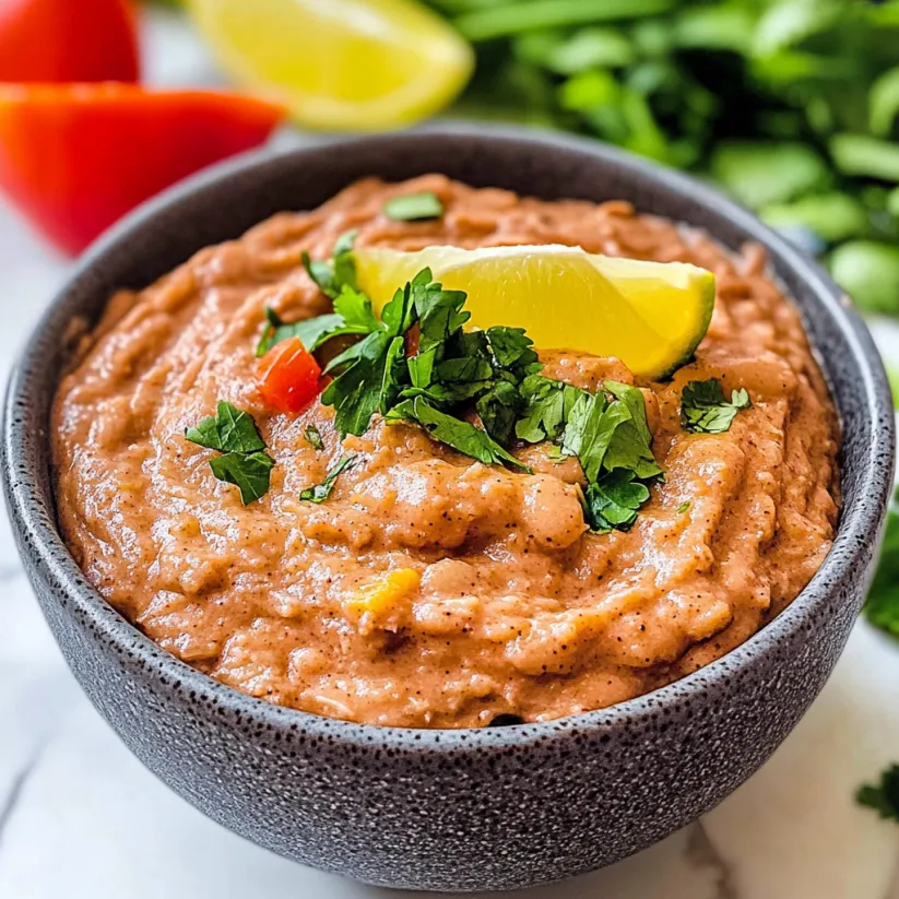 A bowl of refried beans with a lemon wedge on top.