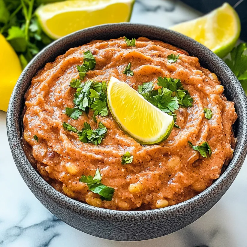A bowl of refried beans with limes on top.
