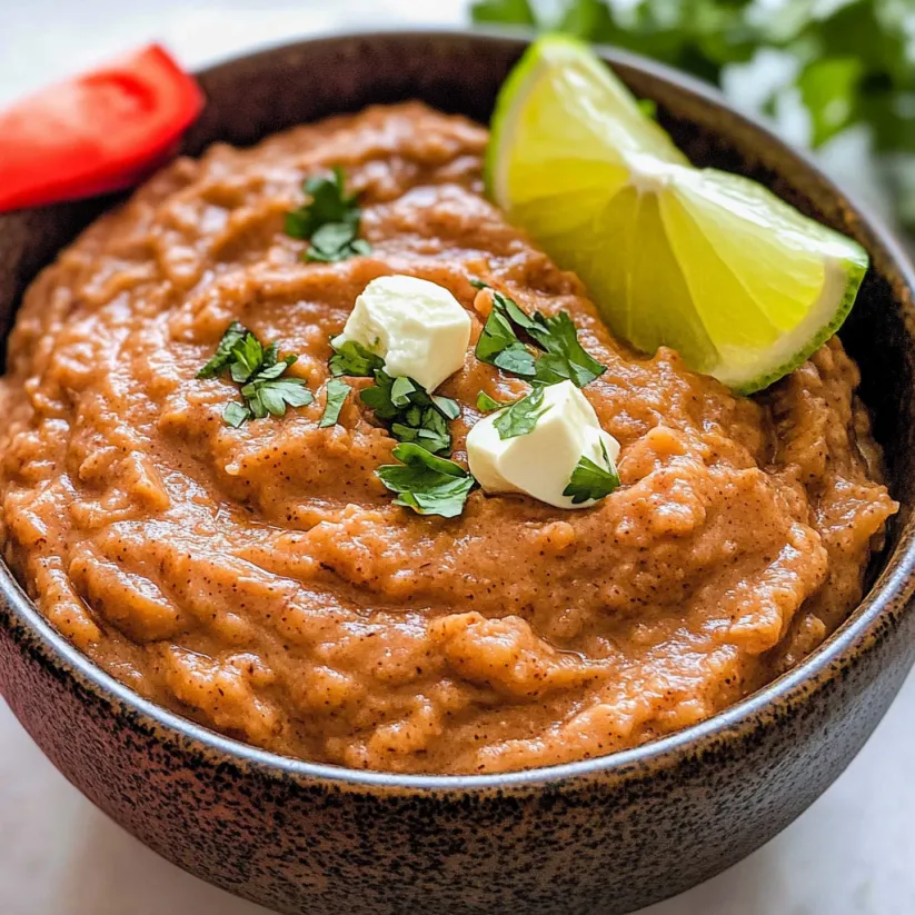 A bowl of refried beans with lime wedges on top.