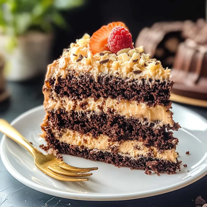 A slice of German Chocolate Cake with a strawberry on top.