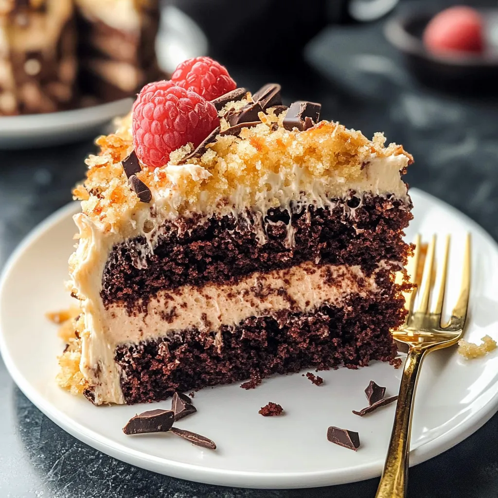 A slice of German Chocolate Cake with raspberries on top.