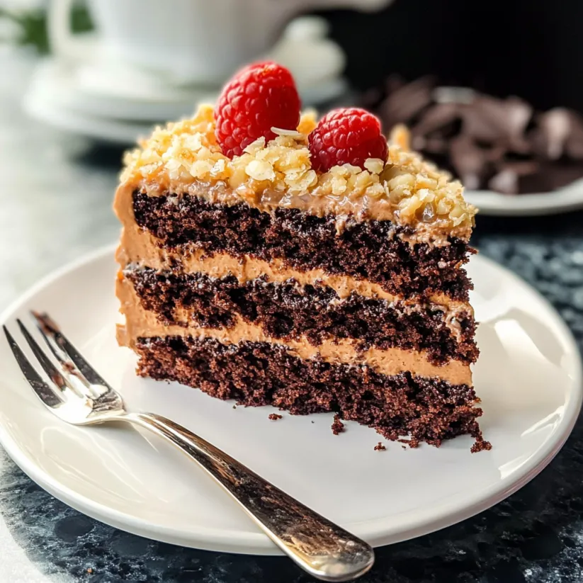 A slice of German Chocolate Cake with strawberries on top.