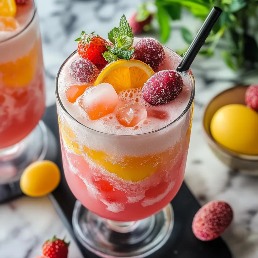 A glass of pink Easter punch mocktail.