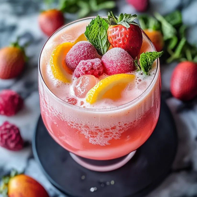 A glass of pink Easter punch mocktail.