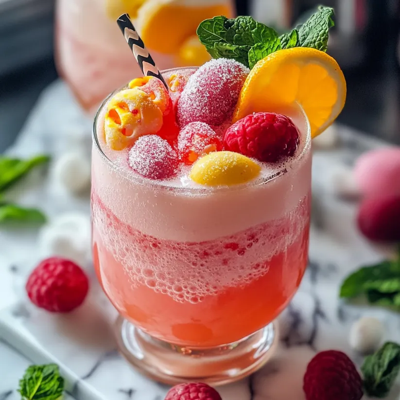 A pink drink with fruit and mint.