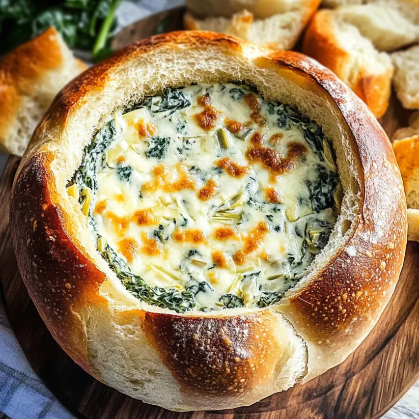 A bread bowl filled with spinach and artichoke dip.