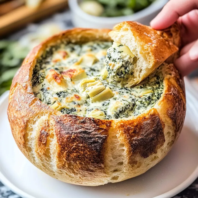 A person is holding a bread bowl filled with spinach artichoke dip.