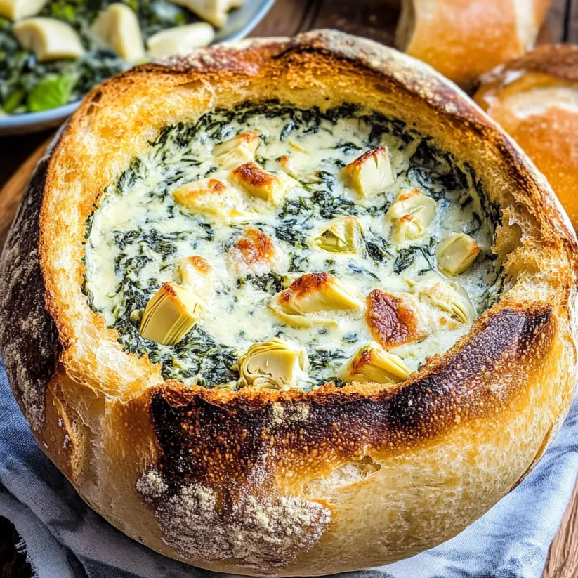 A bowl of spinach artichoke dip in a bread bowl.