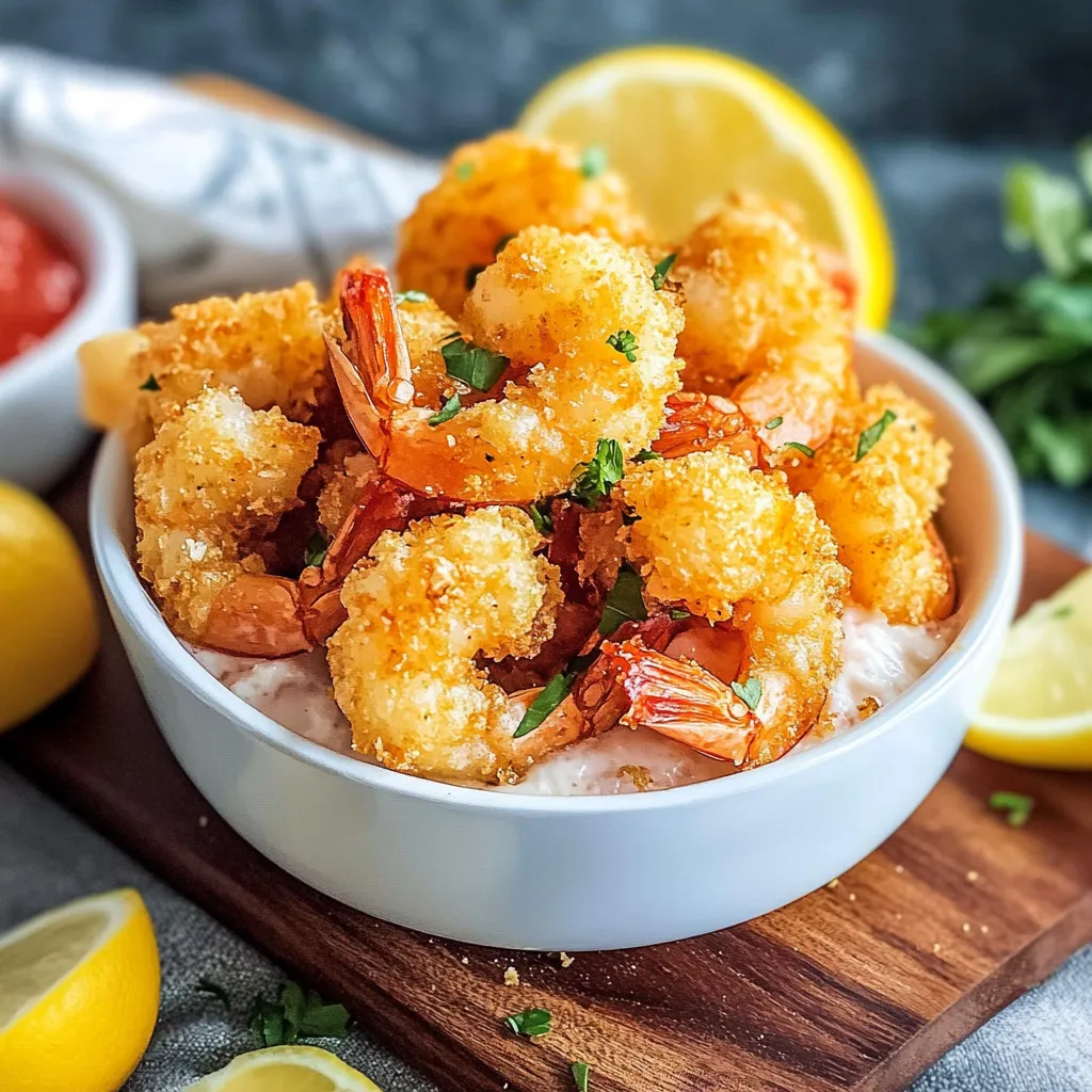 A bowl of popcorn shrimp with lemon wedges on the side.