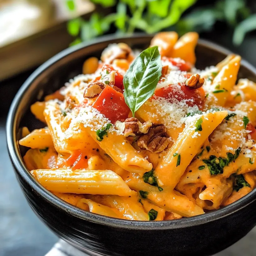A bowl of pasta with a green leaf on top.