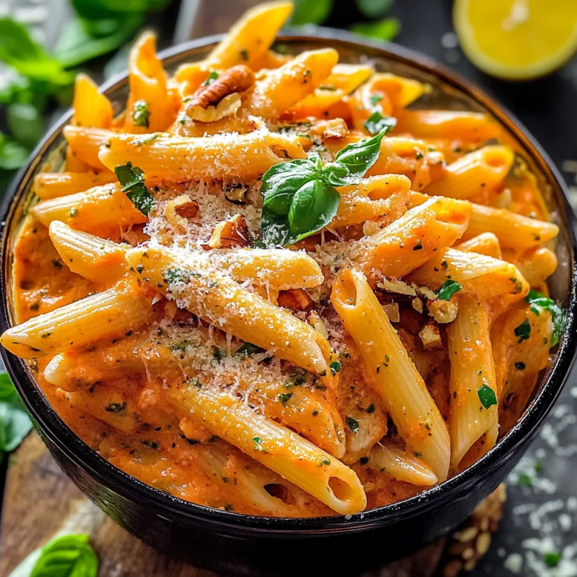 A bowl of pasta with a red sauce.