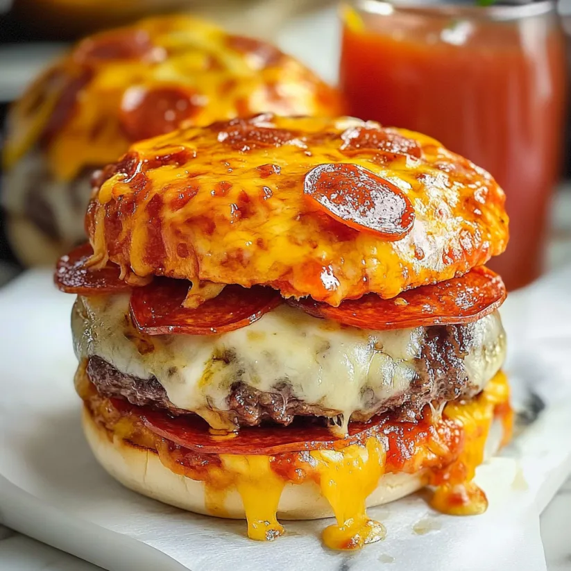 A pizza burger with cheese and pepperoni.