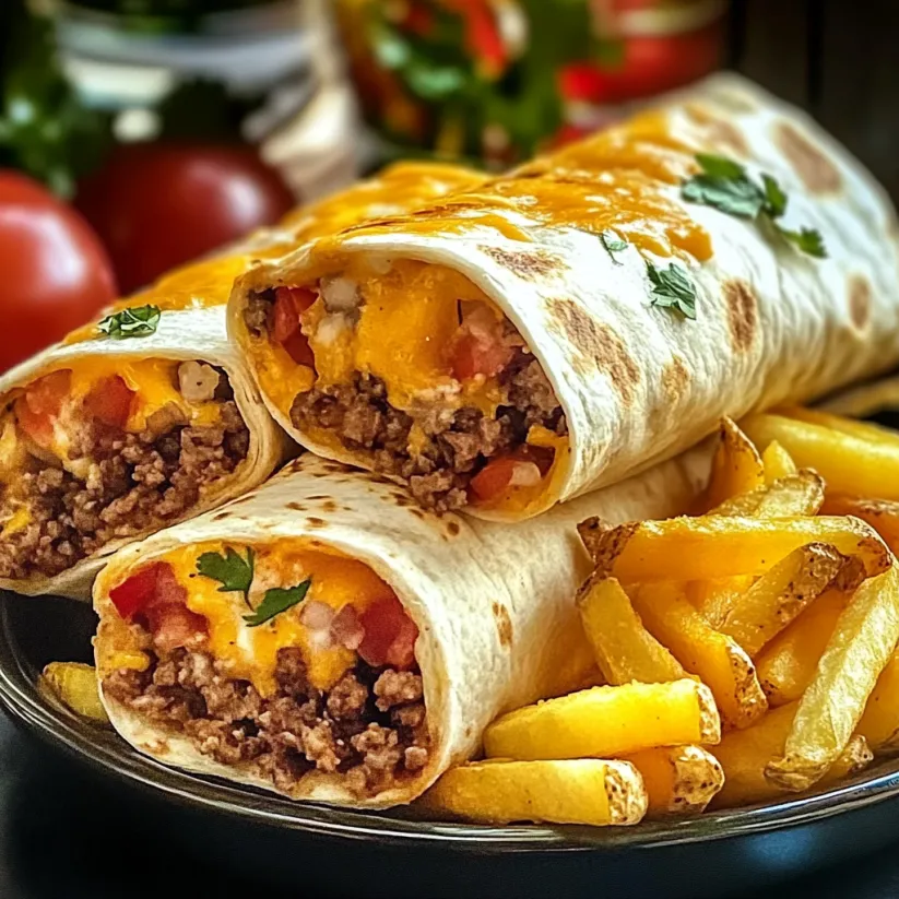 A plate of cheesy beef burritos with fries.