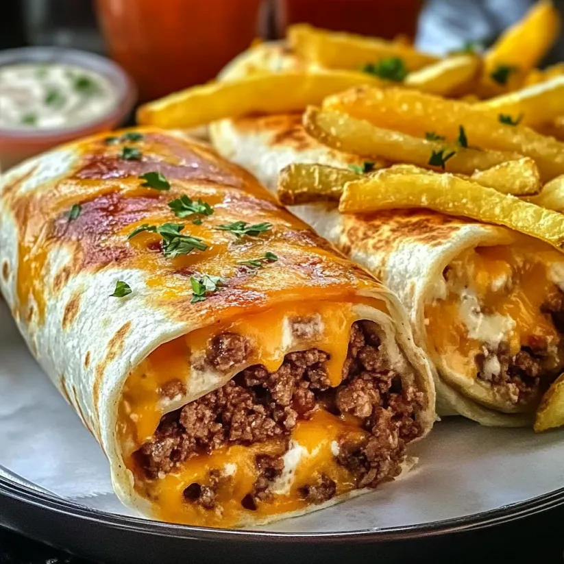 A plate of cheesy beef burritos with fries.
