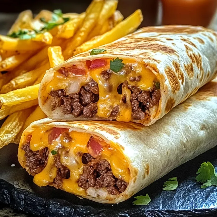 A cheesy beef burrito with fries.