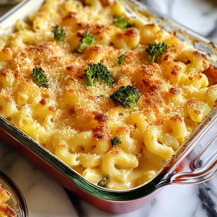 A dish of macaroni and cheese with broccoli on top.
