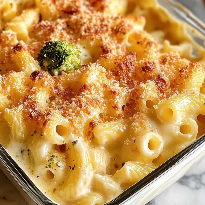 A dish of cavatappi pasta with cheese and broccoli.