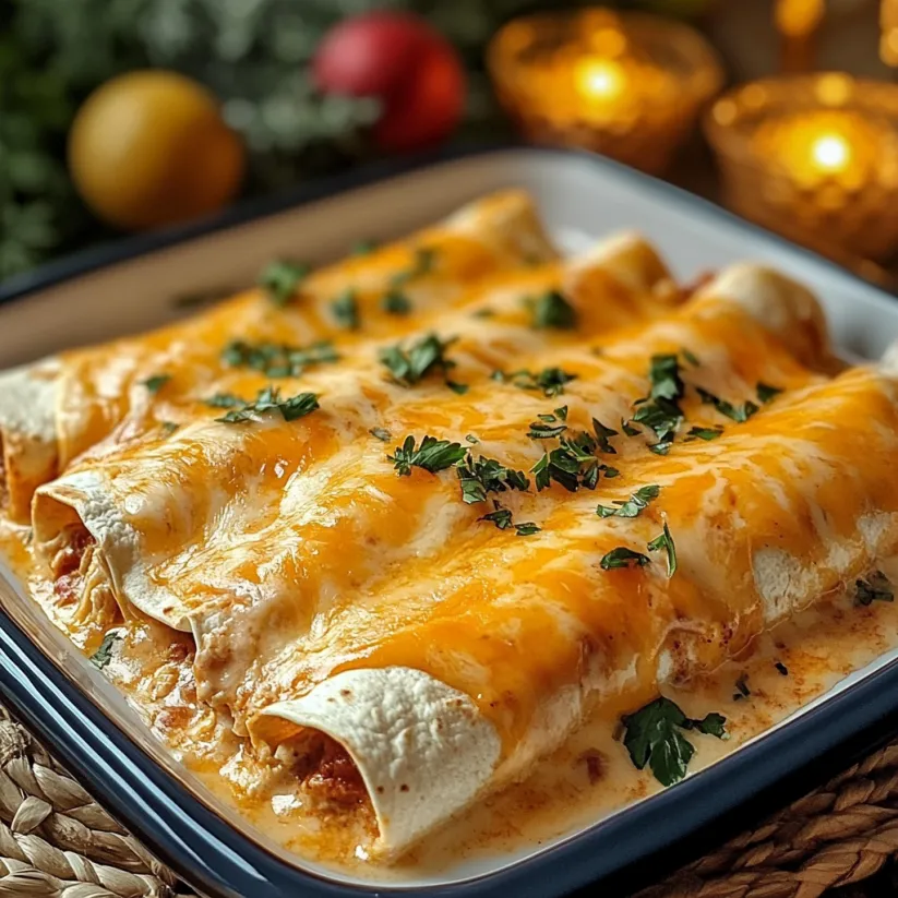 A plate of cheesy chicken enchiladas with creamy sauce.