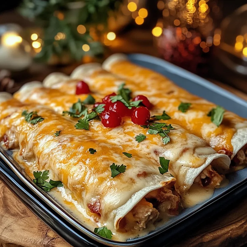 A plate of cheesy chicken enchiladas with creamy sauce.
