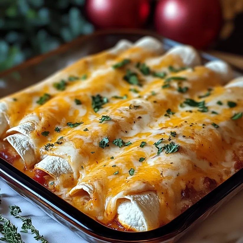 A pan of cheesy chicken enchiladas with creamy sauce.