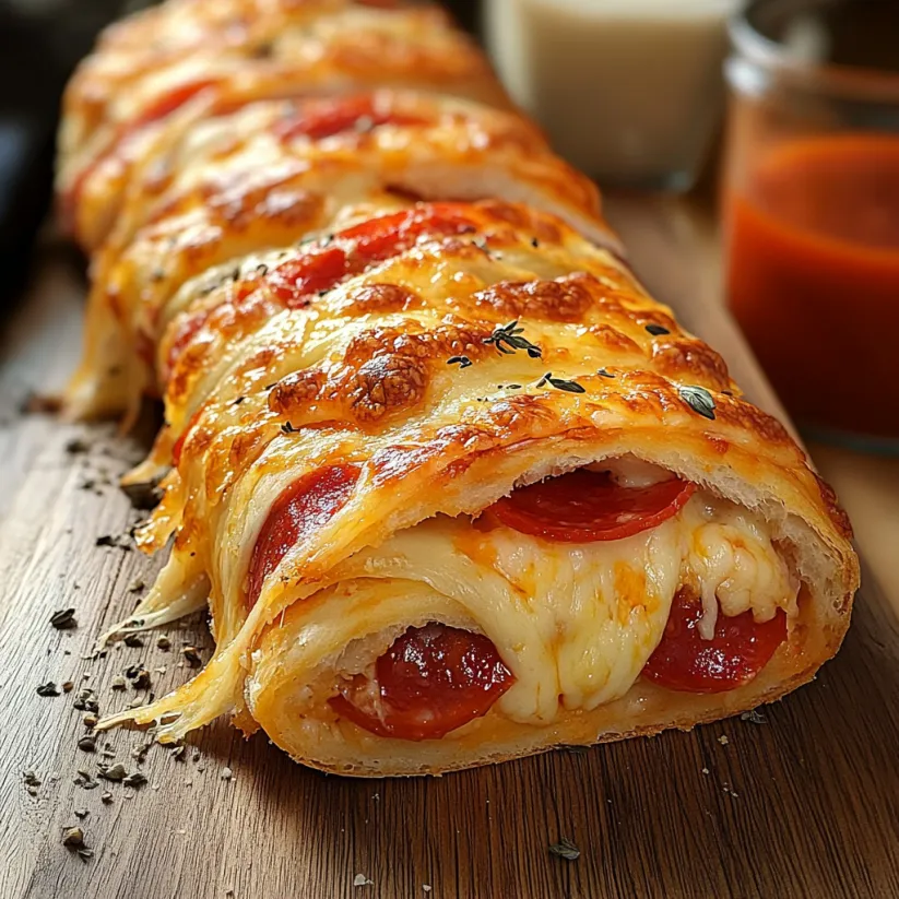 A pepperoni stromboli on a wooden table.