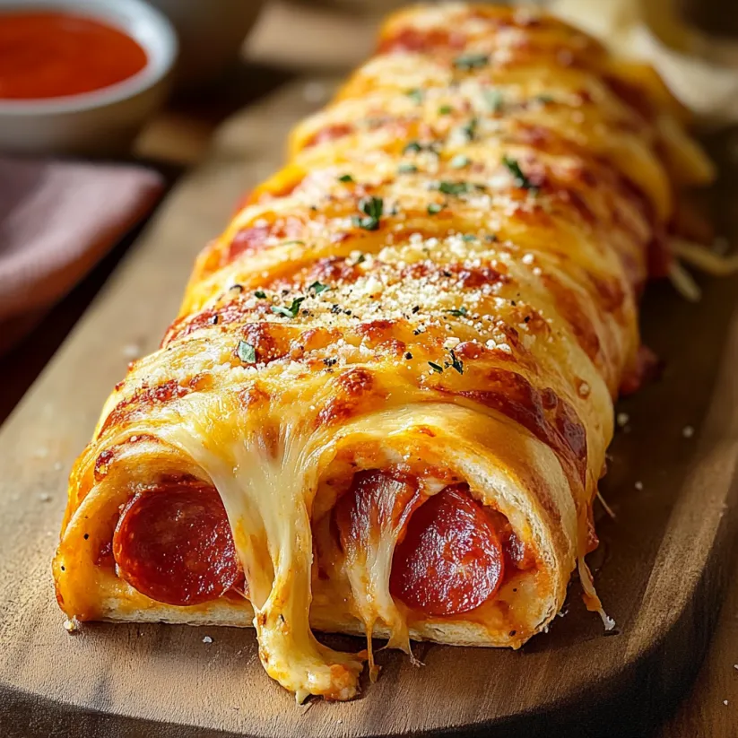 A pepperoni stromboli on a wooden cutting board.