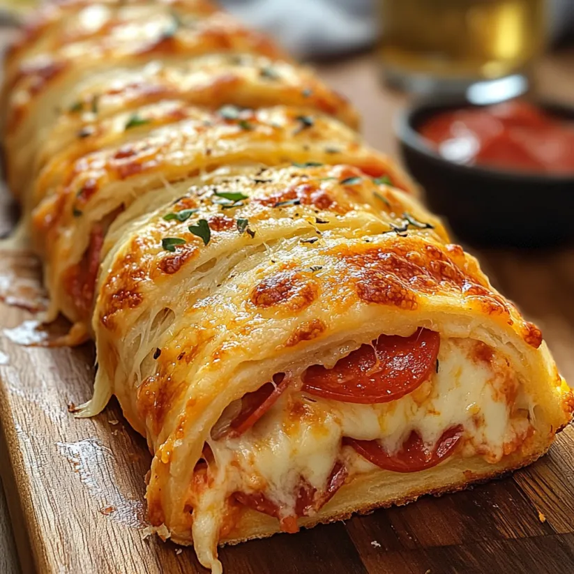 A cheesy pepperoni stromboli on a wooden cutting board.