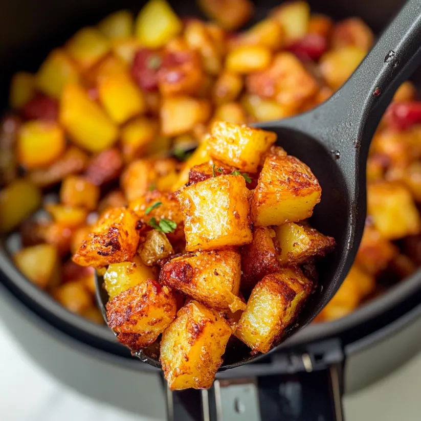 A spoon full of crispy air fryer breakfast potatoes.