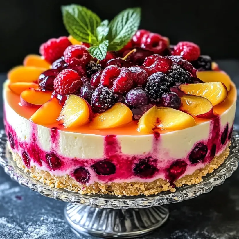 A slice of a no-bake summer berry and peach cheesecake.
