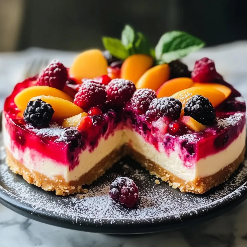 A slice of a no-bake summer berry and peach cheesecake.