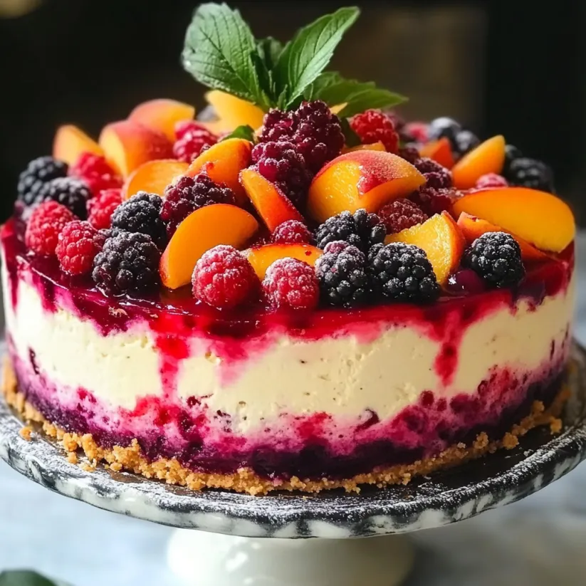 A slice of a no-bake summer berry and peach cheesecake.