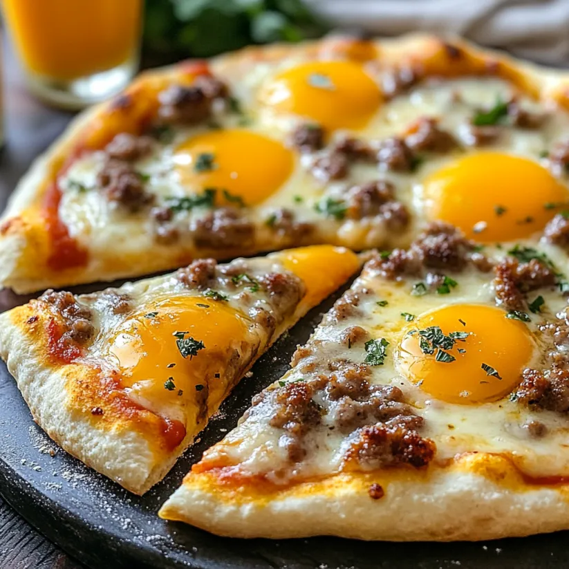 A pizza with eggs and sausage on top.