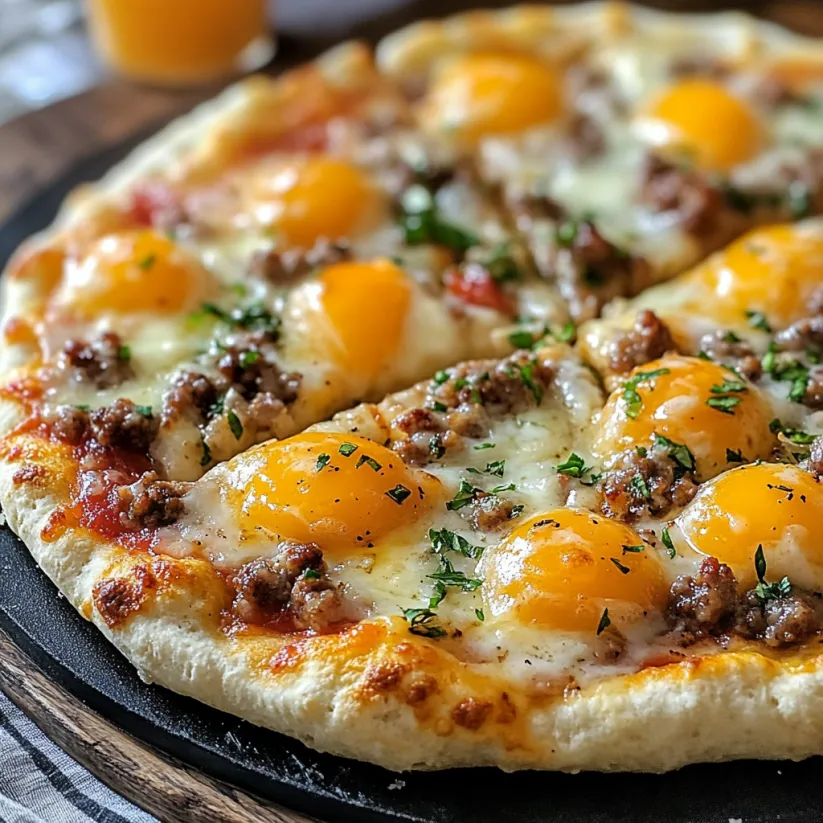 A pizza with eggs and sausage on top.