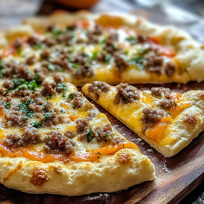 A pizza with sausage and cheese on a wooden table.