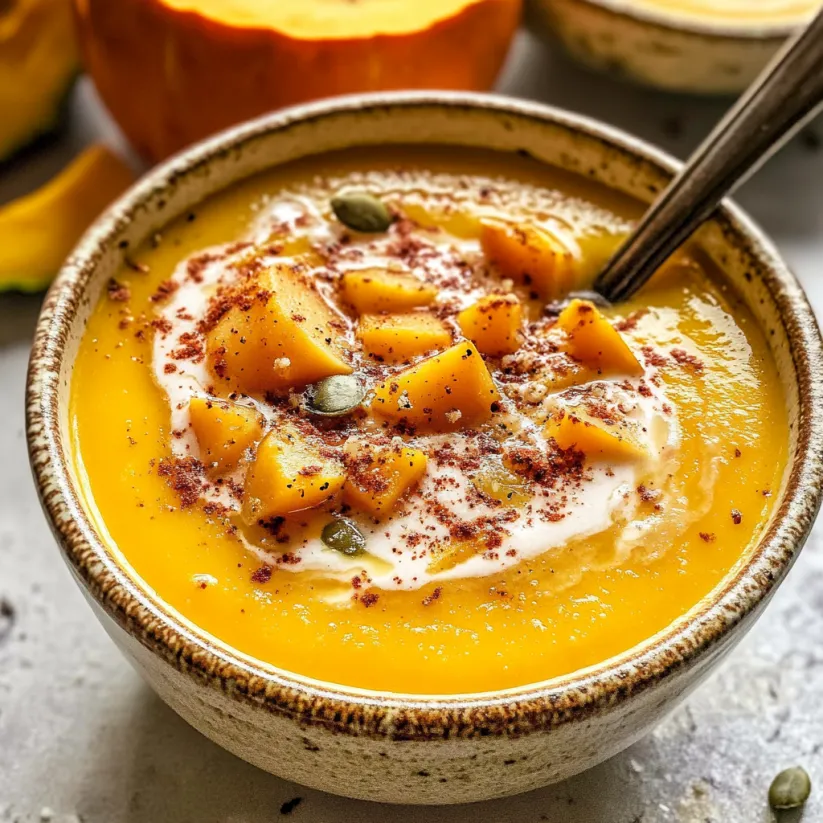 A bowl of soup with a spoon in it.