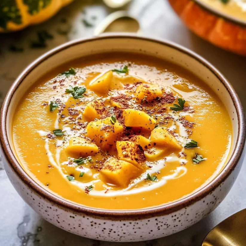A bowl of soup with a spoon in it.