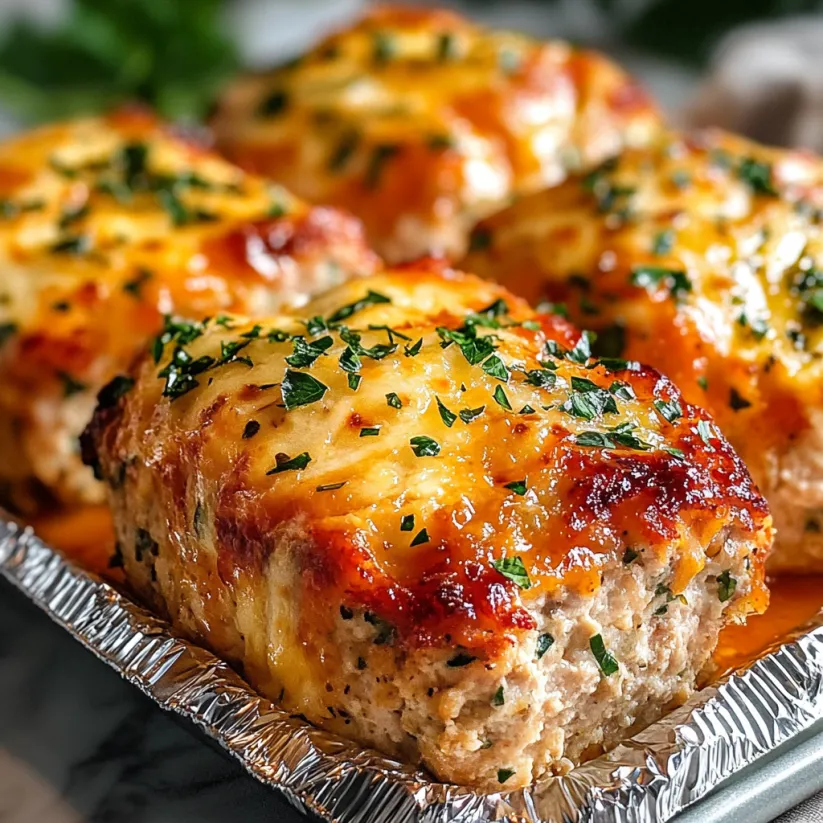 A pan of chicken with cheese and herbs.